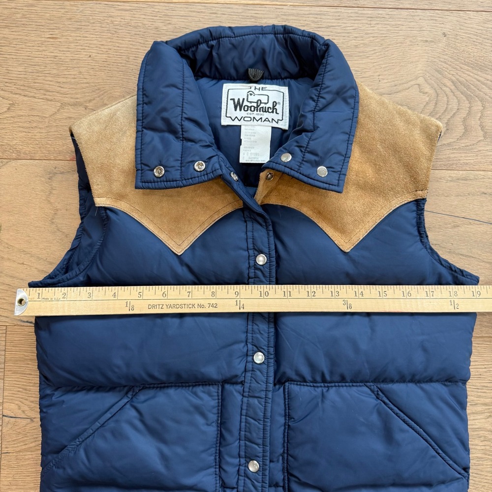 Woolrich Vintage Navy Blue Down Puffer Vest Leather Suede Western Yoke Medium - Picture 4 of 9